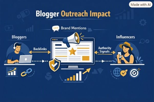 Blogger outreach impact visual with bloggers, backlinks, brand mentions, and authority signals
