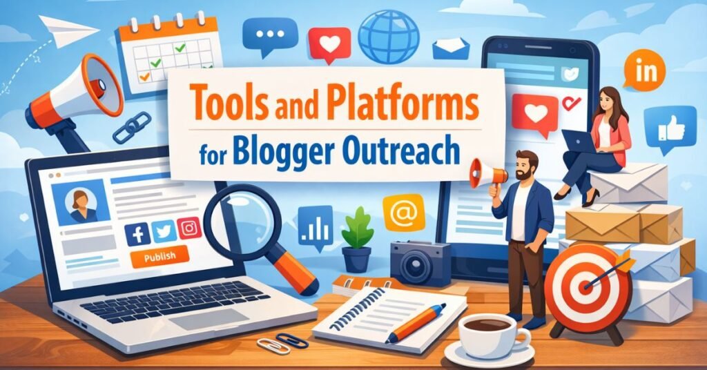 Illustration showing tools and platforms for blogger outreach, featuring laptop, smartphone, megaphone, social media icons, and digital communication elements