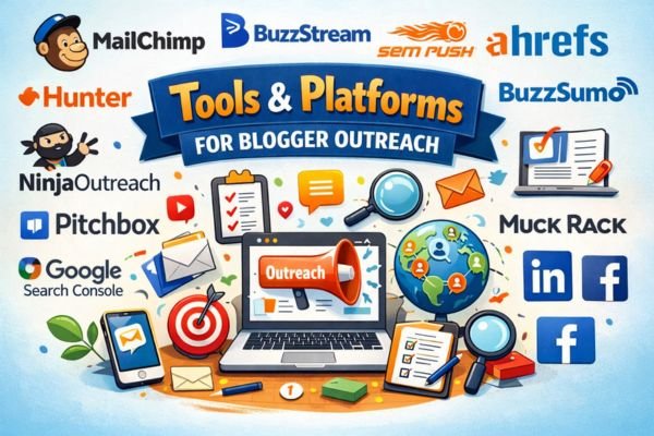 Infographic showing tools and platforms for blogger outreach, featuring laptop, smartphone, megaphone, social media icons, and logos of popular outreach tools like MailChimp, BuzzStream, SEMrush, and Ahrefs