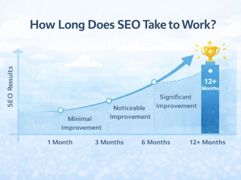 SEO timeline showing how long SEO takes to work from 1 month to 12 months