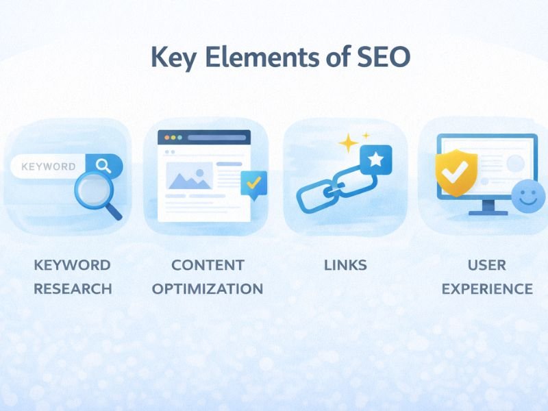 Key elements of SEO including keyword research content optimization backlinks and user experience
