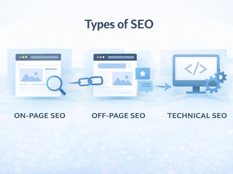 Types of SEO including on-page SEO, off-page SEO, and technical SEO explained with infographic

