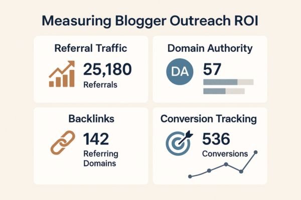 Measuring Blogger Outreach ROI dashboard showing referral traffic, domain authority, backlinks, and conversions in a clean analytics layout.