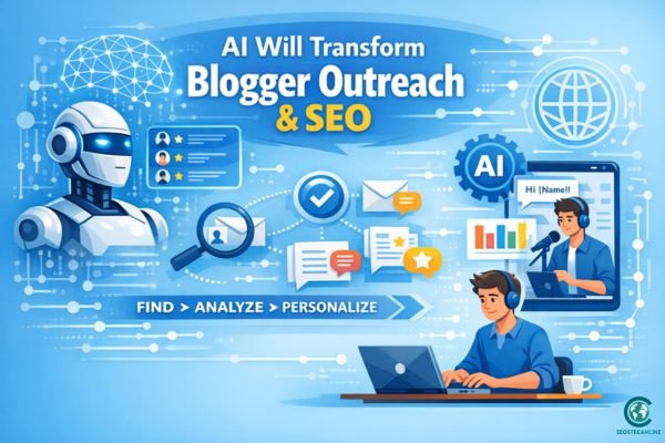 Illustration of a robot and a man working on the blogger outreach and SEO with digital icons around them