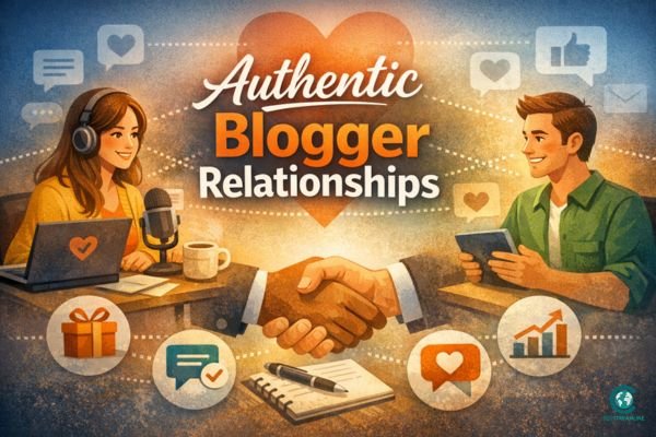 Illustration representing authentic blogger relationships, featuring collaboration, trust, and long‑term partnership icons