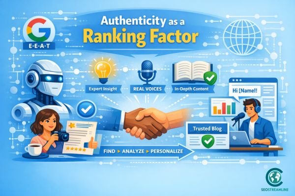 Illustration showing AI and a human collaborating on authentic blogger outreach and SEO