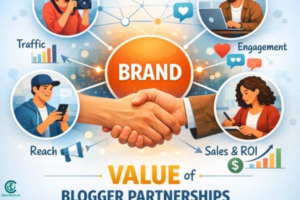 Illustration of bloggers connected to a central brand, showing traffic, engagement, reach, and ROI benefits.