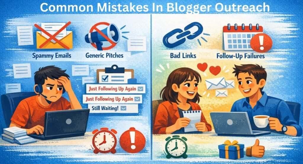 Illustration showing common mistakes in blogger outreach, including spammy emails, generic pitches, lack of personalization, bad links, poor follow‑ups, unrealistic offers, ignored deadlines, and rejected proposals