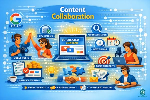Illustration showing people working together on shared digital content and creative collaboration tools