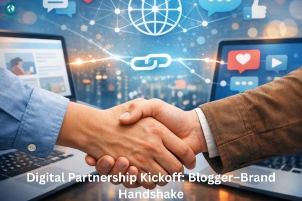 Two people shaking hands in front of laptops with digital icons connecting them, symbolizing a strong blogger–brand partnership