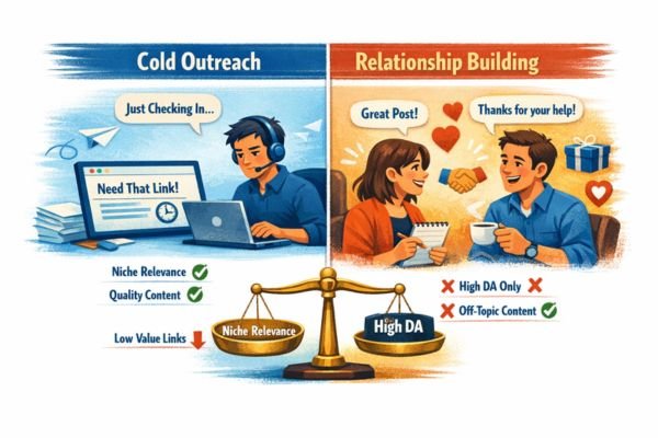 Illustration contrasting cold, impersonal outreach on the left with warm, collaborative relationship building on the right, showing 'Just Checking In' emails versus friendly interactions and appreciation.