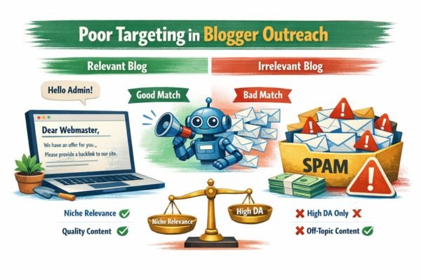 nfographic comparing relevant vs. irrelevant blogger outreach, showing a gardening blog as a good match and a car racing blog as a bad match, with a balance scale illustrating niche relevance outweighing high domain authority