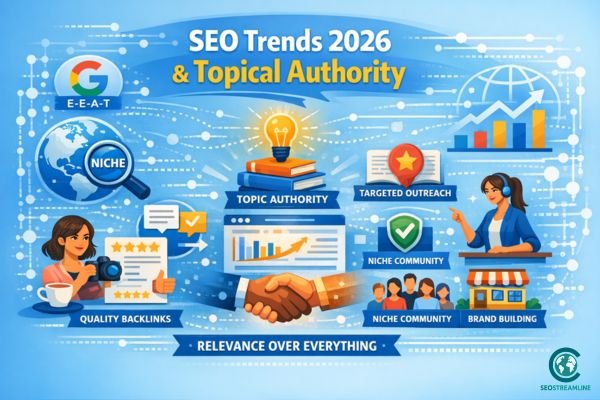  Illustration showing SEO trends and topical authority concepts with digital analytics icons