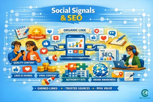 Illustration showing social engagement signals like likes, shares, and comments influencing SEO