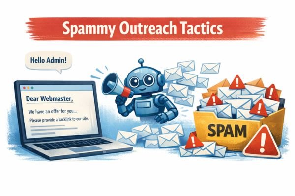 lustration showing spammy blogger outreach tactics, including generic greetings like ‘Dear Webmaster,’ robotic bulk emails, and overflowing spam folders with warning signs.