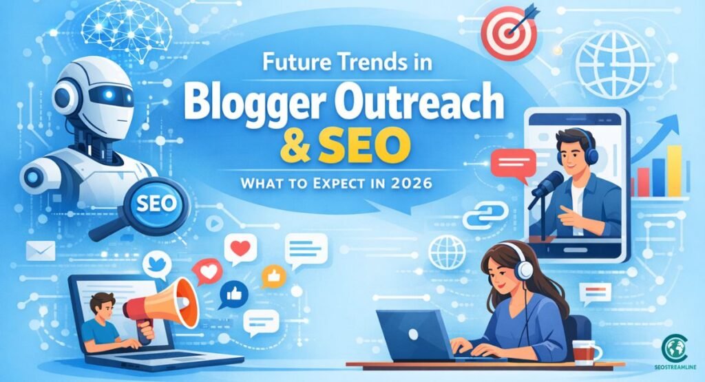 "Banner showing blogger outreach and SEO trends for 2026 with AI and blogger illustrations.