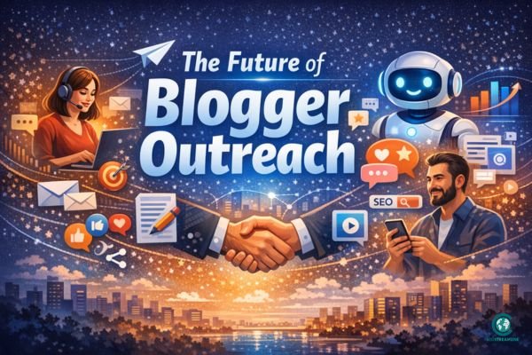 The Future of Blogger Outreach illustrated with digital creators, AI tools, and modern SEO elements.