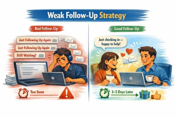 A blogger overwhelmed by repeated follow‑up emails versus a calm blogger receiving a timely follow‑up