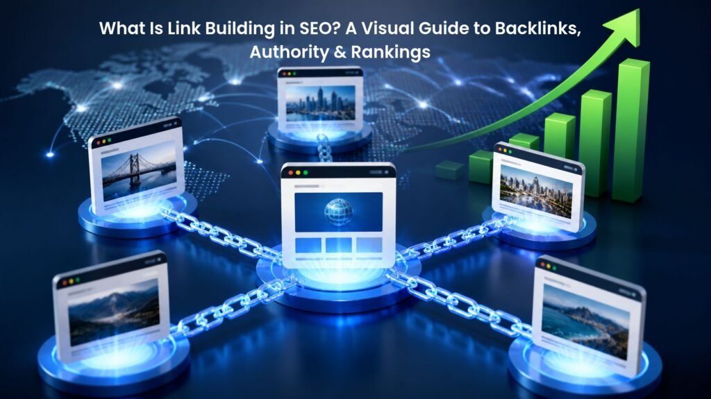 Link Building in SEO showing backlinks from authority websites improving search rankings and website authority.
