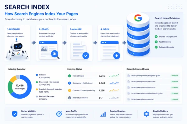 SEO indexing process storing website pages in search engine database