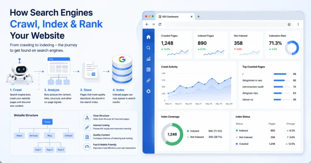 What is crawling and indexing in SEO explained with search engine bots and indexing process
