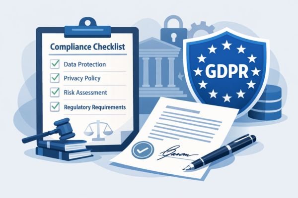  Flat-style illustration showing a GDPR shield, compliance checklist, and signed document, highlighting legal and ethical blogger outreach practices.