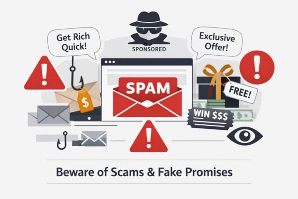Editorial warning graphic showing spam emails, fake offers, and red caution symbols in a clean, minimalistic layout.