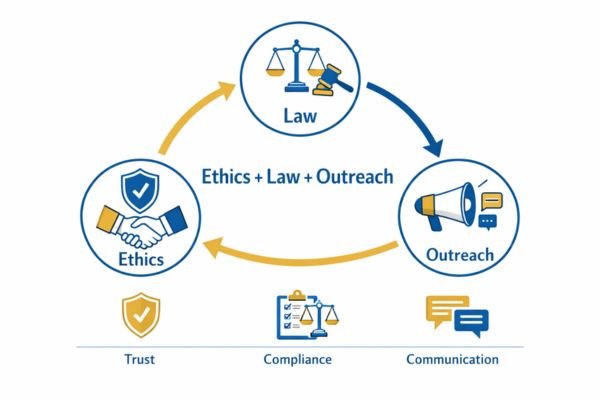 “Infographic linking Ethics, Law, and Outreach with icons and arrows in a blue‑gold palette highlighting trust, compliance, communication.”