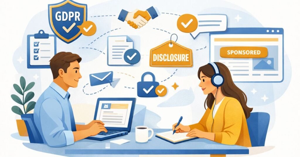 Illustration of a marketer and blogger communicating ethically online with GDPR, disclosure, and trust icons in blue‑gold tones.