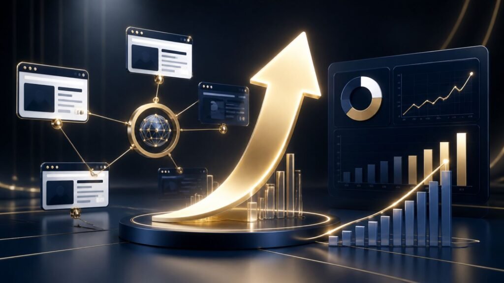 SEO analytics dashboard with growing search rankings, authority backlinks, blogger outreach connections, and organic traffic growth visualization for white-label SEO services.